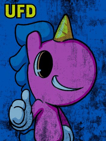 A cartoon illustration of a purple unicorn with a green horn giving a thumbs-up, labeled 'UFD' in yellow text on a textured blue background.