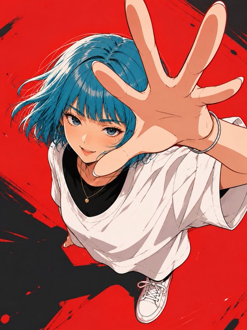 An anime-style illustration of a girl with short teal hair reaching her hand forward toward the viewer against a dramatic red and black background.