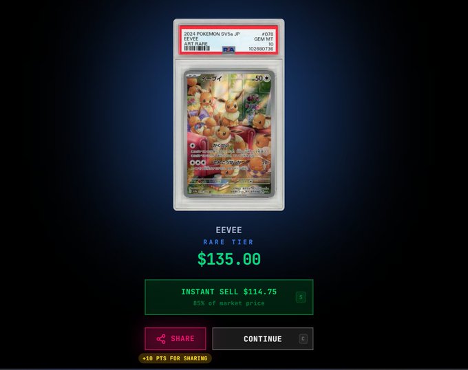 A graded 2024 Pokémon SVP Japanese Eevee holographic card rated 10 (GEM MT) by PSA, listed at $135.00 with an 'Instant Sell' option of $114.75.