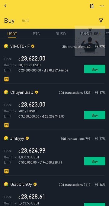 Cryptocurrency P2P trading screen showing sellers offering USDT at prices around ฿23,622-23,628, including sellers 'VII-OTC- F', 'ChuyenGiaD', 'Jinkyyy', and 'GiaoDichUy'.