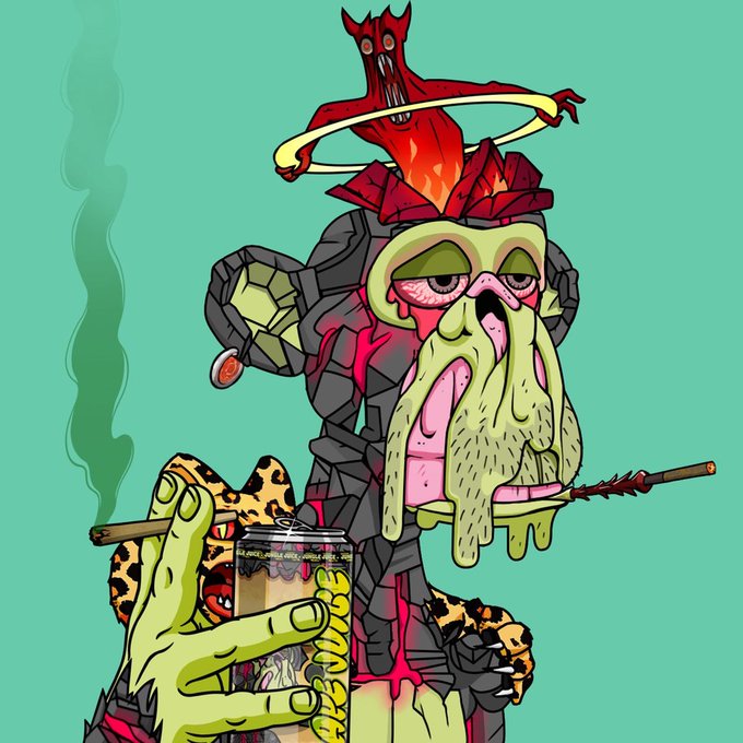 A vibrant illustration of a grotesque zombie-like creature with green melting skin, exposed muscles, and a red bird perched on its head, holding a cigarette and a yellow can against a teal background.