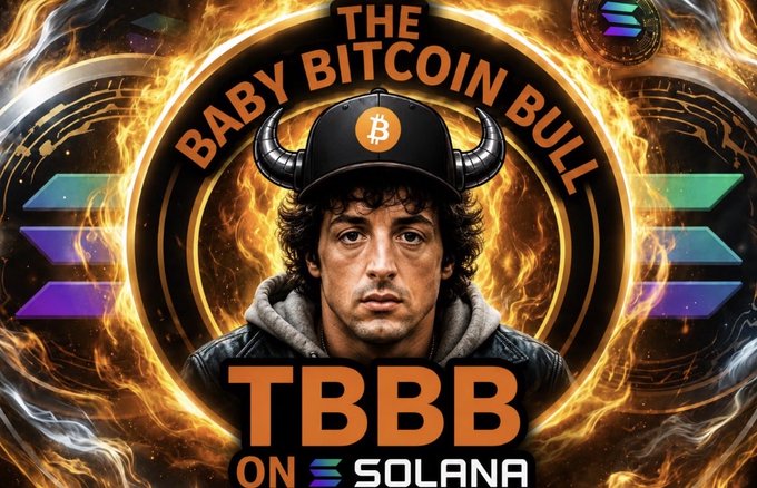 A promotional graphic titled 'THE BABY BITCOIN BULL' featuring a man in a horned Bitcoin cap, with text 'TBBB ON SOLANA' and the Solana logo.