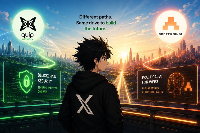 An anime-style promotional graphic with a character in an X hoodie facing a futuristic cityscape, featuring 'quip network' and 'ARCTERMINAL' logos, with text 'Different paths. Same drive to build the future,' 'BLOCKCHAIN SECURITY: SECURING THE FUTURE ONCHAIN,' and 'PRACTICAL AI FOR WEB3: AI THAT WORKS. UTILITY THAT LASTS.'
