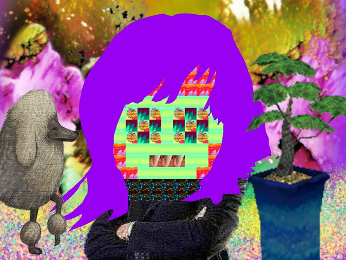 The image features a girl with purple hair, wearing a black jacket, standing next to a potted plant. The background of the image includes a tree and a bird. The caption for the image reads "✦ sekai wo mederu by @boyinthemumble ft. guruguruhyena, paraxenod, nathansonic, lewiejpd, estelle_flores ꜩ on @mederu_art mederu."