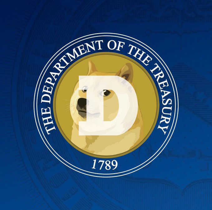 The image features the official seal of the U.S. Department of the Treasury, but with the iconic Dogecoin "D" superimposed over the center, suggesting a playful commentary on the cryptocurrency's potential. The accompanying post, "Everything Operates Much Better With $DOGE," directly connects the visual of the Treasury seal with the Dogecoin ticker symbol.