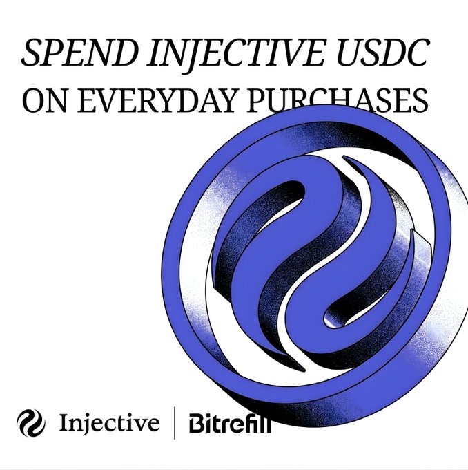 A promotional graphic reading 'SPEND INJECTIVE USDC ON EVERYDAY PURCHASES' featuring the Injective logo and 'Injective | Bitrefill' branding at the bottom.