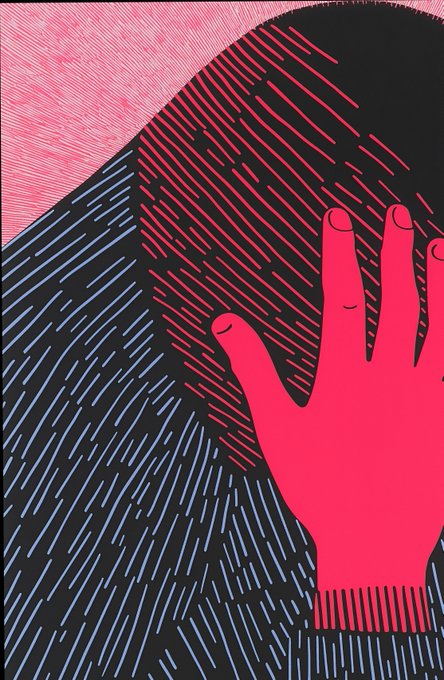 A vivid illustration of a red hand reaching outward against a textured background of black and blue hatching lines, echoing the stylized art associated with "Cooking on Tezos." The bold, graphic design suggests creativity and engagement, fitting the theme of crafting within the Tezos ecosystem.
