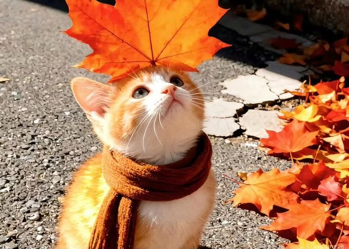 A photorealistic orange and white kitten wearing a brown knitted scarf sits on asphalt, looking up at a large orange maple leaf balanced on its head, surrounded by autumn leaves.