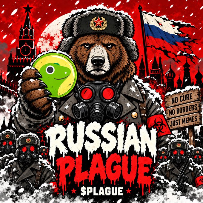 A red-toned poster-style image depicts a bear in a military ushanka hat holding a green frog face, with Russian flags and city silhouettes in the background, and the text 'RUSSIAN PLAGUE' and 'NO CURE NO BORDERS JUST MEMES'.