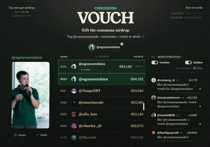 A screenshot of a 'commons' website showing a 'VOUCH' airdrop page with rankings, points, and a photo of a man speaking into a microphone.