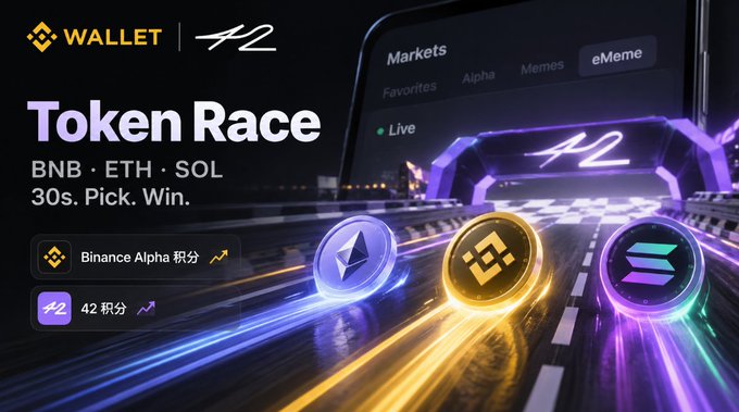 Promotional graphic for 'Token Race' by Wallet and 42, featuring BNB, ETH, and SOL cryptocurrency coins racing down a glowing track with Binance Alpha points mentioned.
