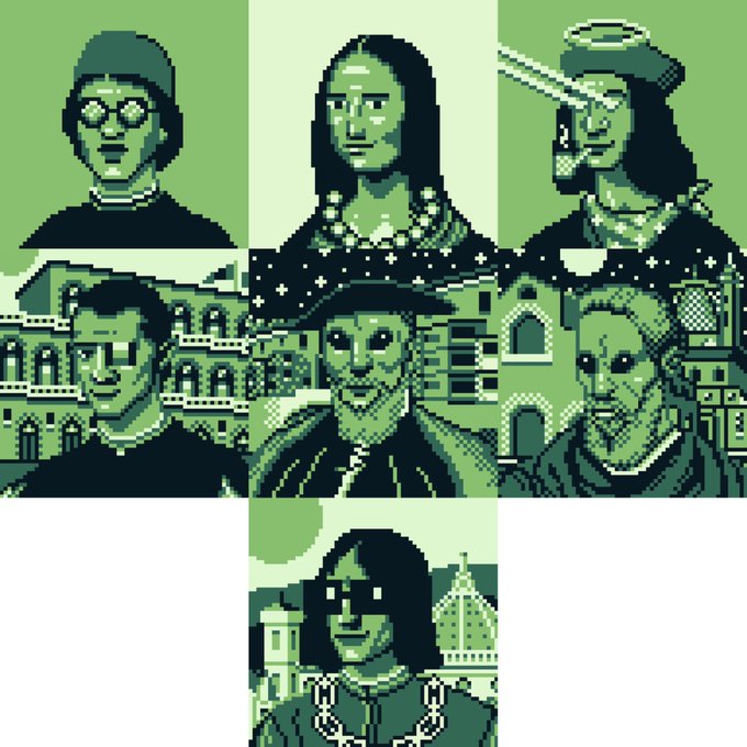 A green-toned pixel art collage in a cross pattern featuring six character portraits with stylized backgrounds including city skylines and architecture.