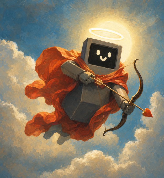 A chivalrous robot with a digital smiley face and glowing halo floats through clouds in a red cape, drawing back a bow to launch a heart-tipped arrow. The image playfully pairs with "GM" (Good Morning), casting the cheerful archer as a heavenly Cupid spreading daily goodwill.