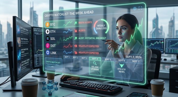 A professional trader sits at a multi-monitor workstation with a holographic overlay displaying "CRYPTO WATCHLIST: THE WEEK AHEAD," featuring BTC, ETH, SOL, DOT, and LINK with alerts like "VOLATILITY EXPECTED" and "ALERT: POTENTIAL BREAKOUT," alongside a calendar timeline highlighting events such as "SOLANA UPGRADE" and "ETH ETF NEWS" for Sept 1-7, 2026.

The image visually reinforces the post's theme of monitoring key crypto developments next week, complementing the discussion of $HYPE's HIP-4 upgrade integrating prediction markets into Layer-1 liquidity infrastructure, suggesting similar upgrade-related volatility events to watch across major assets.