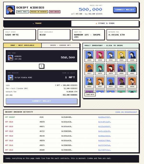 A cryptocurrency trading interface for "SCRIPT KIDDIES" NFTs priced at "500,000," showing swap details for "Script Kiddie #182" and vault inventory of character illustrations.