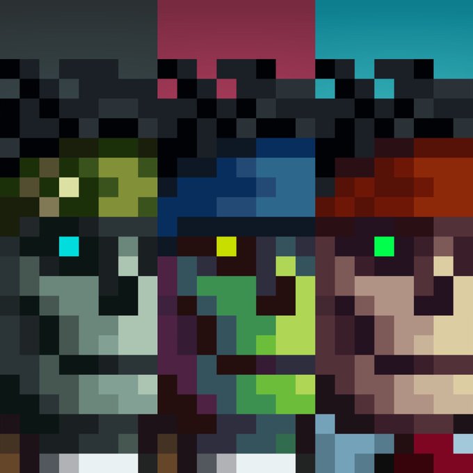 A heavily pixelated, blocky digital artwork shows three stylized figures with glowing eyes in muted green, blue, and red tones.