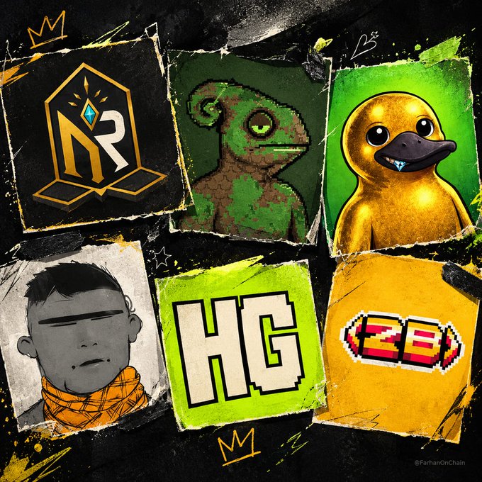A stylized collage featuring six NFT/crypto artwork panels with crown doodles, including the 'NR' (Node Runners) logo, a chameleon, a duck character, a portrait, the 'HG' (Hash Guild) logo, and the '23' logo, watermarked '@FarhanOnChain'.