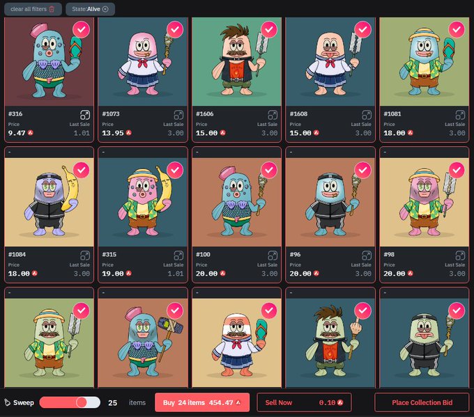A marketplace interface showing 15 cartoon-style NFT characters (varying designs and prices like 9.47, 13.95, 15.00) with an option to 'Buy 24 Items 454.47' at the bottom.