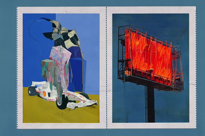 A diptych collage featuring a distorted abstract figure atop a race car on the left and a glowing red neon billboard against a dark sky on the right.