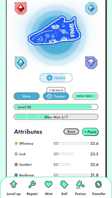 A screenshot of a mobile game interface showing a blue sneaker NFT item (FIWB) with stats including Level 28, Rare rarity, Trainer efficiency (1-20 km/h), and attributes like Efficiency (22.6), Luck (23.5), Comfort (22.6), and Resilience (21.8).