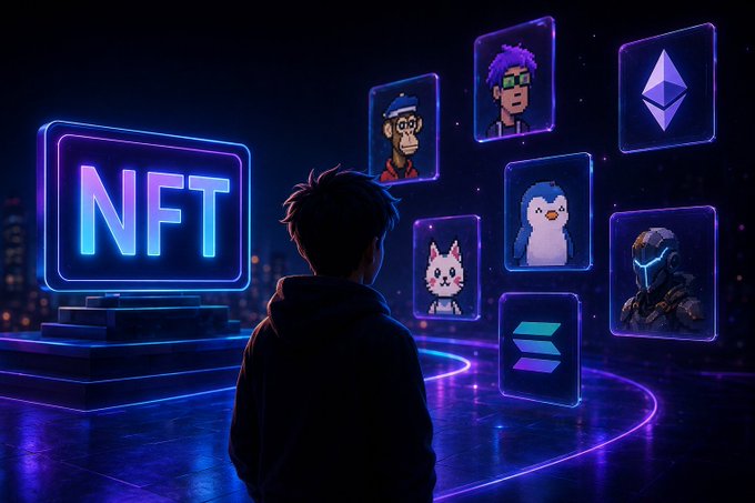 A digital illustration showing a person from behind viewing a display of NFT icons, with a glowing blue 'NFT' sign on the left and floating cards showing characters, a cat, an Ethereum logo, and a warrior figure on the right.