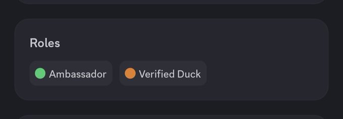A digital interface displaying "Roles" with badges for "Ambassador" (green dot) and "Verified Duck" (orange dot).