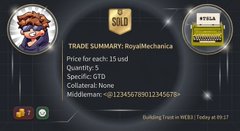 A Rocket League trade screen shows a 'TRADE SUMMARY' between RoyalMechanika and WiseLion2129, indicating items were SOLD for 15 credits each across 15 units, mediated by-middleman-id123456789012345678.