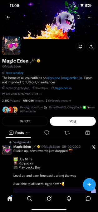 Screenshot of the Magic Eden Twitter/X profile showing a verified NFT marketplace account with 788,086 followers, tagged with @MagicEden and described as 'The home of all collectibles on @solana | magic Eden.io | Posts not intended for US or UK audiences.'