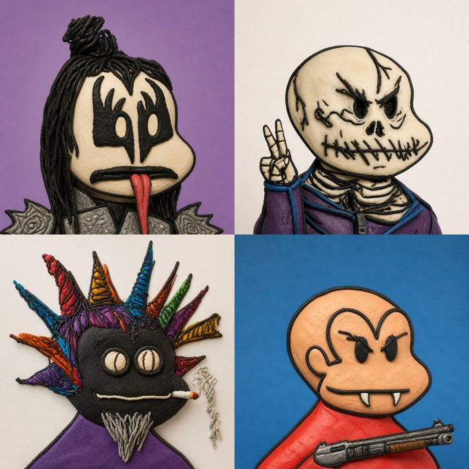 A four-panel collage of stylized character illustrations, including a figure with a black face mask and long tongue, a skull-faced figure giving a peace sign, a multi-colored spiked creature smoking a cigarette, and an orange figure holding a shotgun.