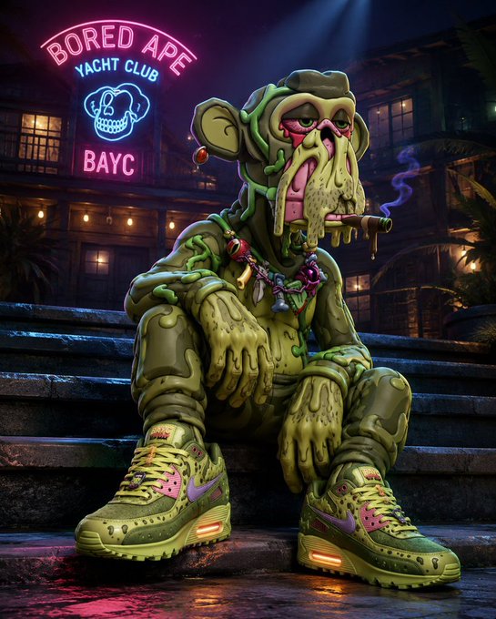 A digital artwork featuring a green, melting Bored Ape Yacht Club character with neon sign "BORED APE YACHT CLUB BAYC", wearing a beaded necklace and matching green sneakers, sitting on steps with a cigar.