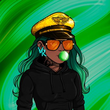 The image features a cartoon girl with long hair wearing sunglasses, a black hoodie, and a gold cap. She has a green bubble in her mouth and appears to be blowing bubbles or gum bubbles. The caption of the image reads "we're live baby! how fuego? solonchain.io/mint/vault-run". This suggests that the girl is part of an online community, possibly sharing her bubble blowing skills with others on social media platforms like Instagram or TikTok.