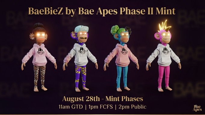 Promotional image for 'BaeBieZ by Bae Apes Phase II Mint' on August 28th featuring four stylized 3D characters in hoodies, with mint phases listed as 11am GTD, 1pm FCFS, and 2pm Public.