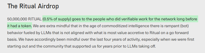 The image displays text from a blog post titled "The Ritual Airdrop," announcing that 50,000,000 RITUAL tokens (0.5% of supply) will be airdropped to individuals who contributed verifiable work to the network before its token launch. The post emphasizes careful consideration of bot and LLM-driven behavior when distributing tokens, connecting to the @ritualnet reference about the Ritual network's airdrop strategy.