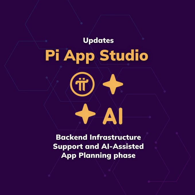 A purple announcement graphic for 'Pi App Studio' updates featuring Pi cryptocurrency and AI-themed icons, with the text 'Backend Infrastructure Support and AI-Assisted App Planning phase'.