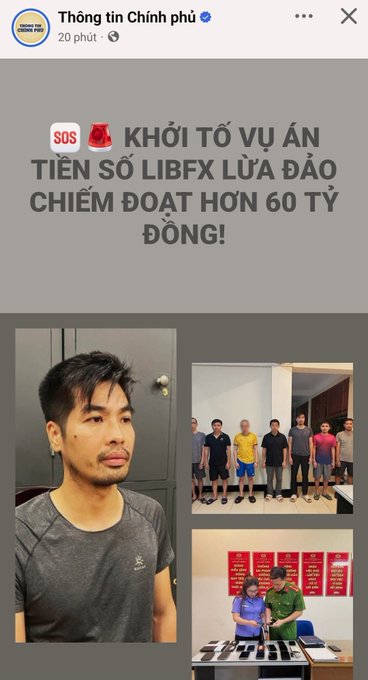 A Vietnamese news alert from 'Thông tin Chính phủ' (Government Information) announcing the initiation of criminal proceedings in the LIBFX fraud case involving over 60 billion VND, accompanied by three photos of arrested individuals.