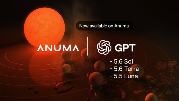 The image shows a dark, cosmic scene with a glowing orange sun and orbital planets, overlaid with the Anuma and GPT logos, text reading "Now available on Anuma," and model tiers listed as "5.6 Sol," "5.6 Terra," and "5.5 Luna." The visual supports the post's announcement that OpenAI's three models (Sol, Terra, Luna) are now accessible to $ZETA stakers through Anuma at no extra cost.