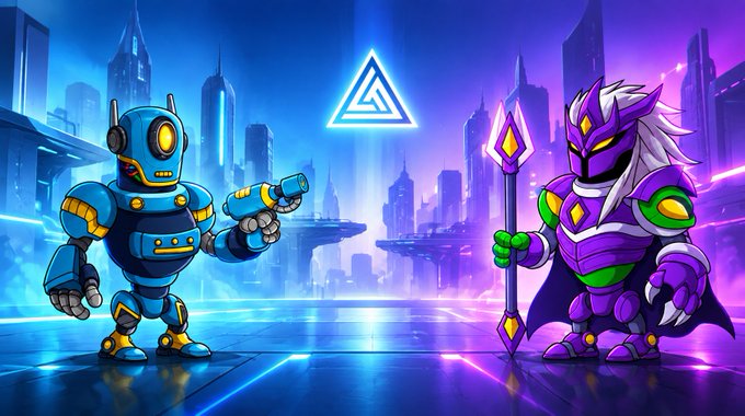 A stylized illustration of a blue robot facing a purple armored warrior with a glowing spear, set against a cyberpunk cityscape with a neon triangle logo overhead.