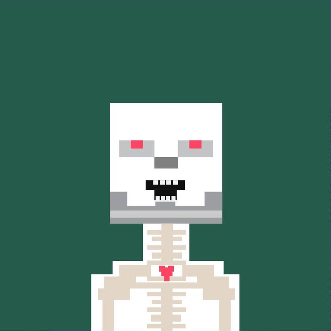 A pixel art image of a Minecraft-style skeleton with a white skull, red eyes, and exposed ribcage on a dark green background.