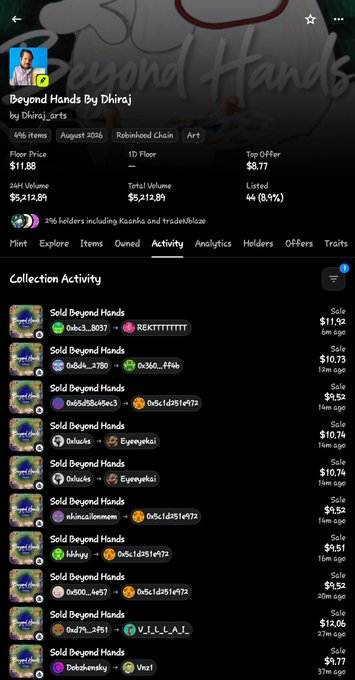 A screenshot of the "Beyond Hands" NFT collection on OpenSea showing recent sales, with most transactions priced around $9.51–$10.74, illustrating the user's point about NFTs being minted and quickly resold at a loss.