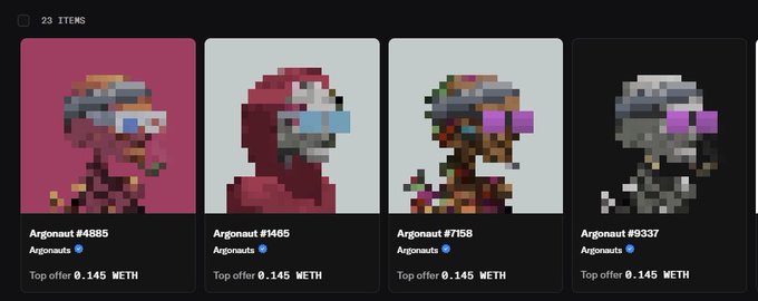 Grid of four pixelated 'Argonaut' NFT cards (#4885, #1465, #7158, #9337) each with a top offer of 0.145 METH.
