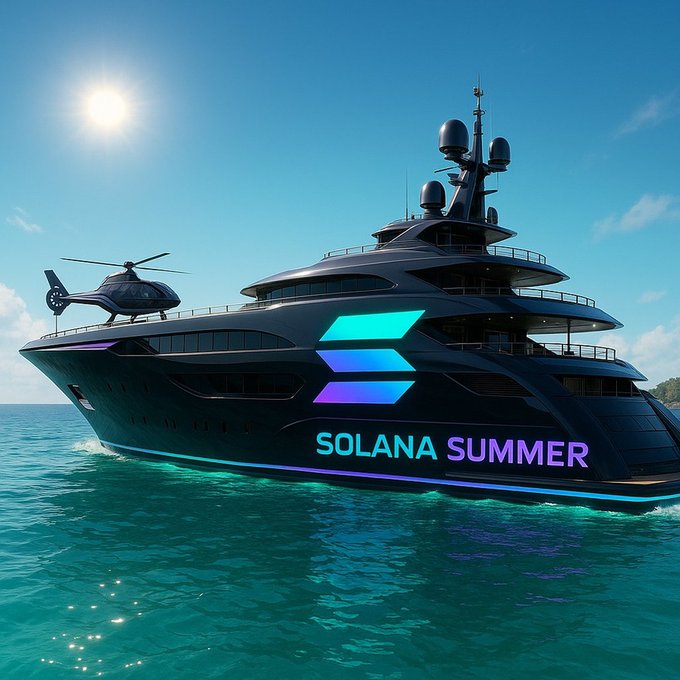 A large black luxury superyacht named 'SOLANA SUMMER' with glowing purple and blue Solana logos on its hull, featuring a helicopter on its bow deck.