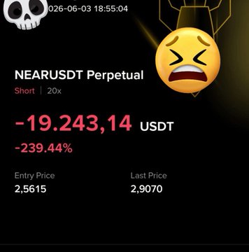 The image shows a screenshot of someone's wallet account displaying an empty balance. The account description reads "NEARUSDT PERPETUAL SHORT 20X $19,223,1,944 USDT 2,917,0". It seems that the user has experienced a significant loss in their portfolio within the past 24 hours, resulting in only 1% of its value remaining. A sad face is displayed next to this message, highlighting the impact of this financial setback on the user's emotions. The post focuses on these details and serves as a warning about the dangers of losing a large portion of one's investment in such a short period of time.