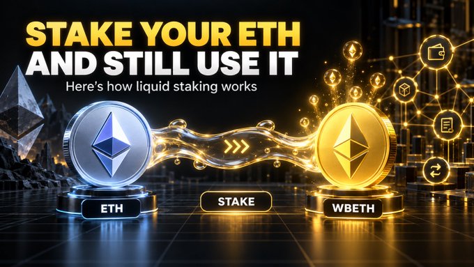 The image visually illustrates the concept of liquid staking on Binance, showing ETH being converted into WBETH through a "STAKE" process, while maintaining utility. The accompanying text explains that WBETH represents your staked ETH position with ongoing rewards, allowing the token to remain usable across platforms despite being locked in staking.