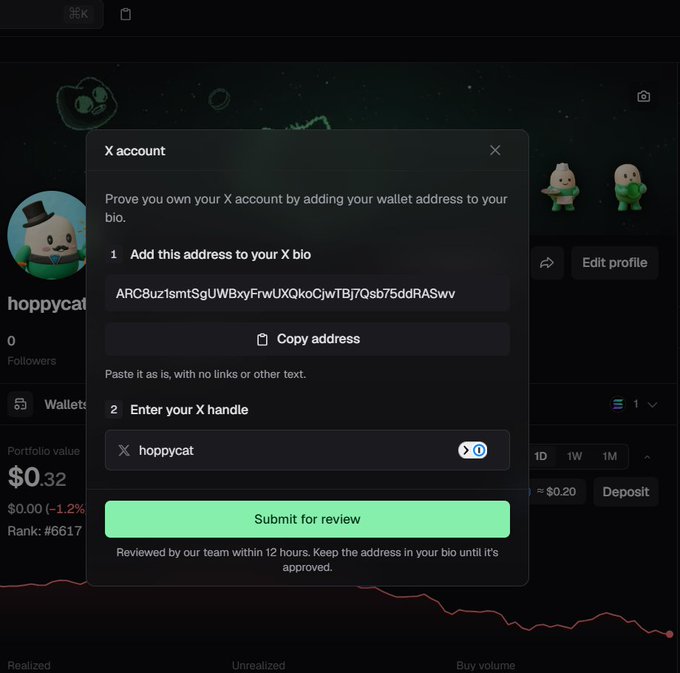 A screenshot showing a prompt to verify an X account, instructing the user to add a wallet address starting with 'ARC8' to their bio, with the handle 'hoppycat' entered for review.