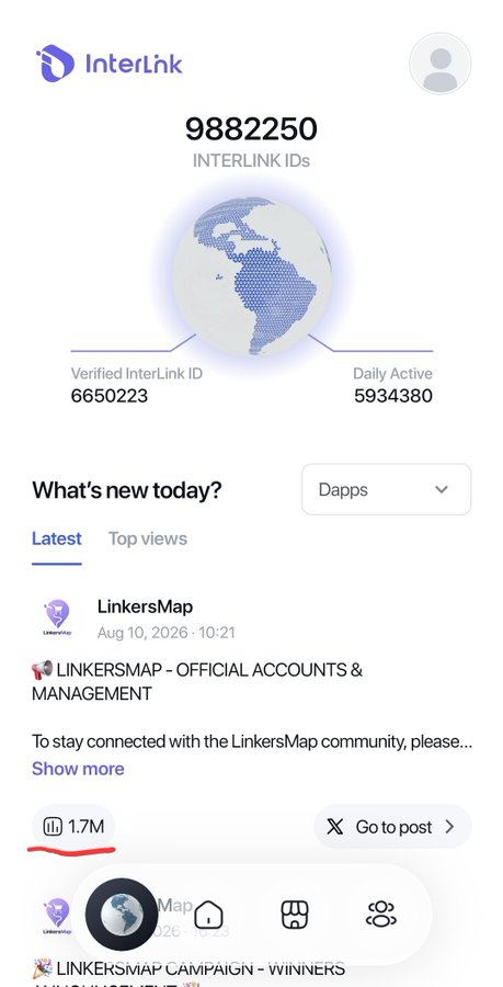 The image shows the InterLink app dashboard displaying 9,882,250 total InterLink IDs, 6,650,223 verified IDs, and 5,934,380 daily active users, with a "What's new today?" feed featuring LinkersMap's announcement about joining the platform. This visually represents the "community of nearly 10 million users" mentioned in the post, illustrating how LinkersMap can now reach InterLink's large user base through direct app integration.