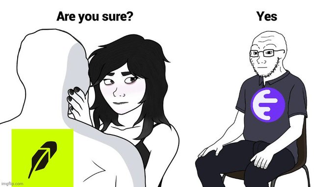 A Wojak-style meme with two panels: "Are you sure?" showing a worried woman looking at a faceless figure with the Robinhood logo, and "Yes" showing a bald Wojak in a shirt with the TradeStation "E" logo.