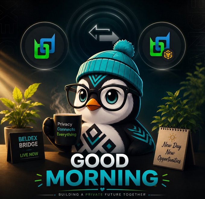 A "Good Morning" graphic features a cartoon penguin in a beanie and glasses holding a mug labeled "Privacy Connects Everything," promoting the BELDEX BRIDGE with "New Day New Opportunities" text.