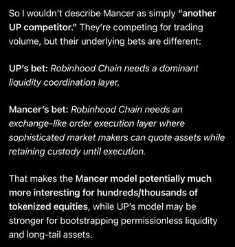 A text excerpt discussing the differences between UP and Mancer, noting 'UPS's bet: Robinhood Chain needs a dominant liquidity coordination layer.' and 'Mancer's bet: Robinhood Chain needs an exchange-like order execution layer.'