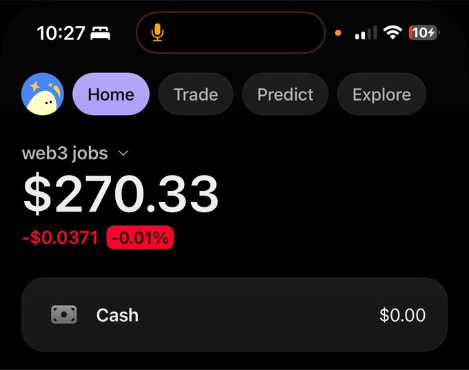The image shows a mobile trading app displaying a "web3 jobs" portfolio holding valued at $270.33, down $0.0371 (-0.01%) with $0.00 cash available. The screenshot illustrates the post's message by showing how an initial investment could potentially grow, as $100 invested in a trending sector like web3 jobs appears to have more than doubled in value.