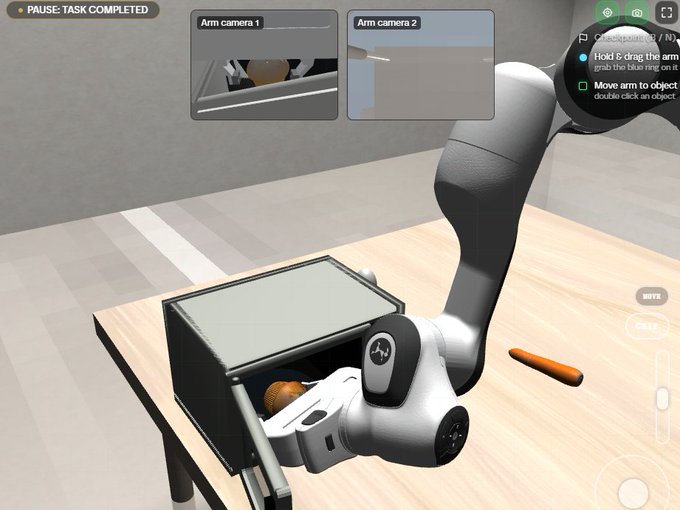 Screenshot from a robotic arm simulation or game showing a task completed status, with arm camera views displaying a basket containing an orange object and an on-screen carrot.